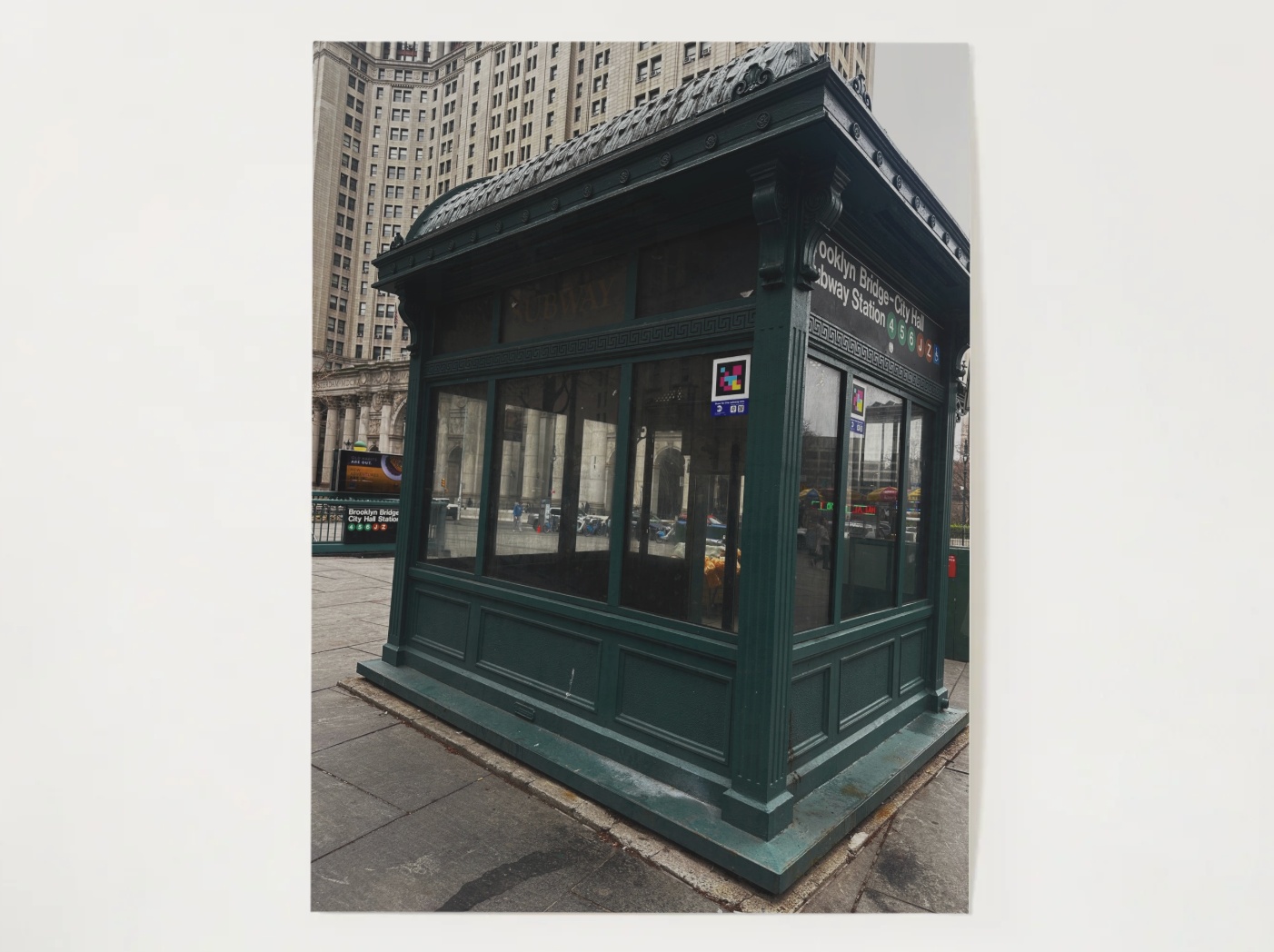 Urban Green Kiosk Satin Poster — Vintage City Street Photography Print