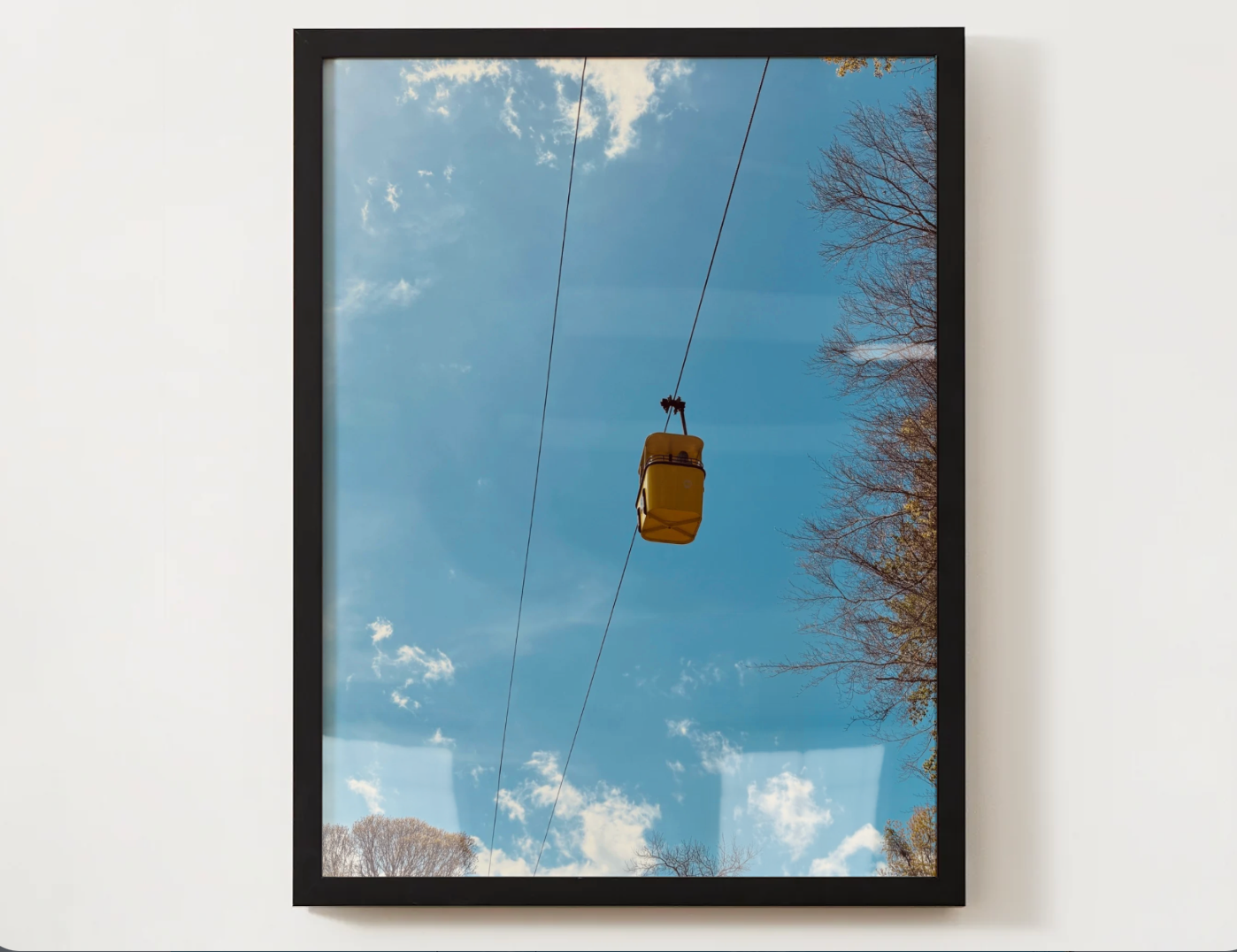 Cable Car Sky Poster — Yellow Gondola Against Blue Sky (Satin Poster)