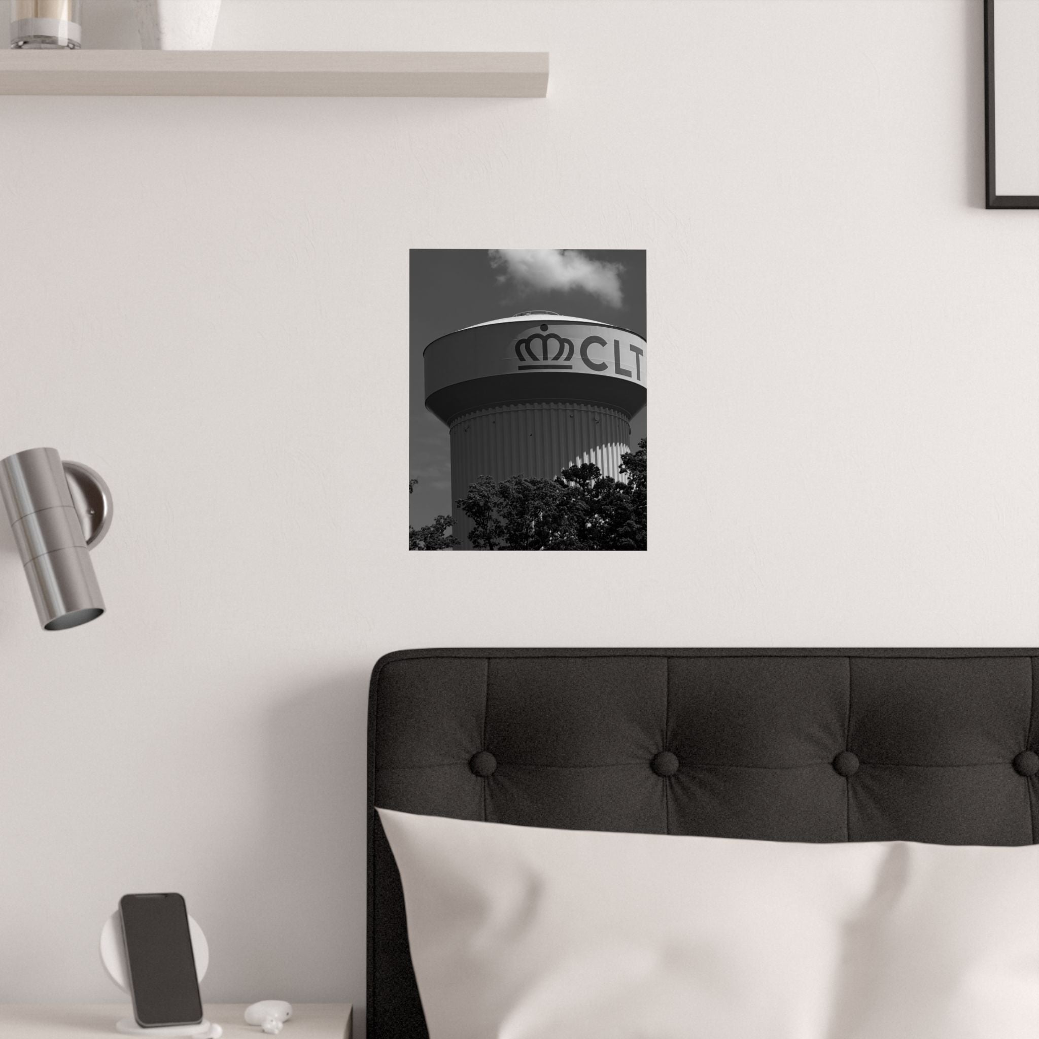 CLT Water Tower Satin Poster — Black & White Cityscape Wall Art