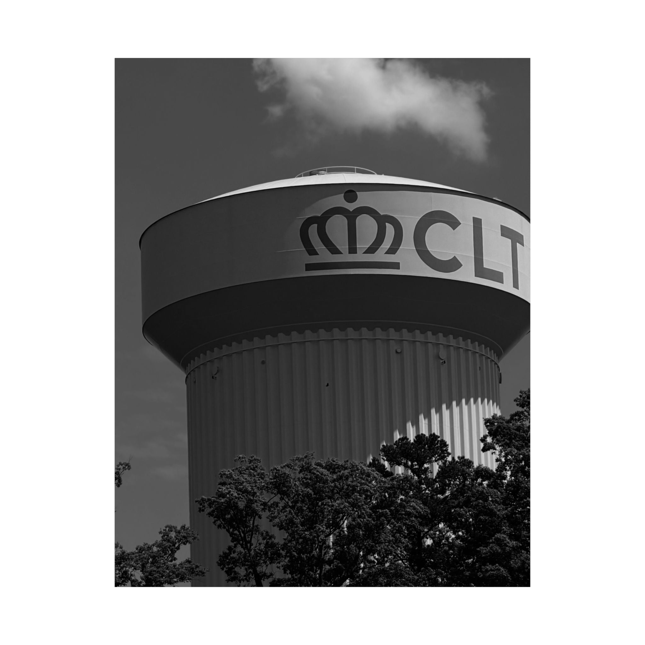 CLT Water Tower Satin Poster — Black & White Cityscape Wall Art