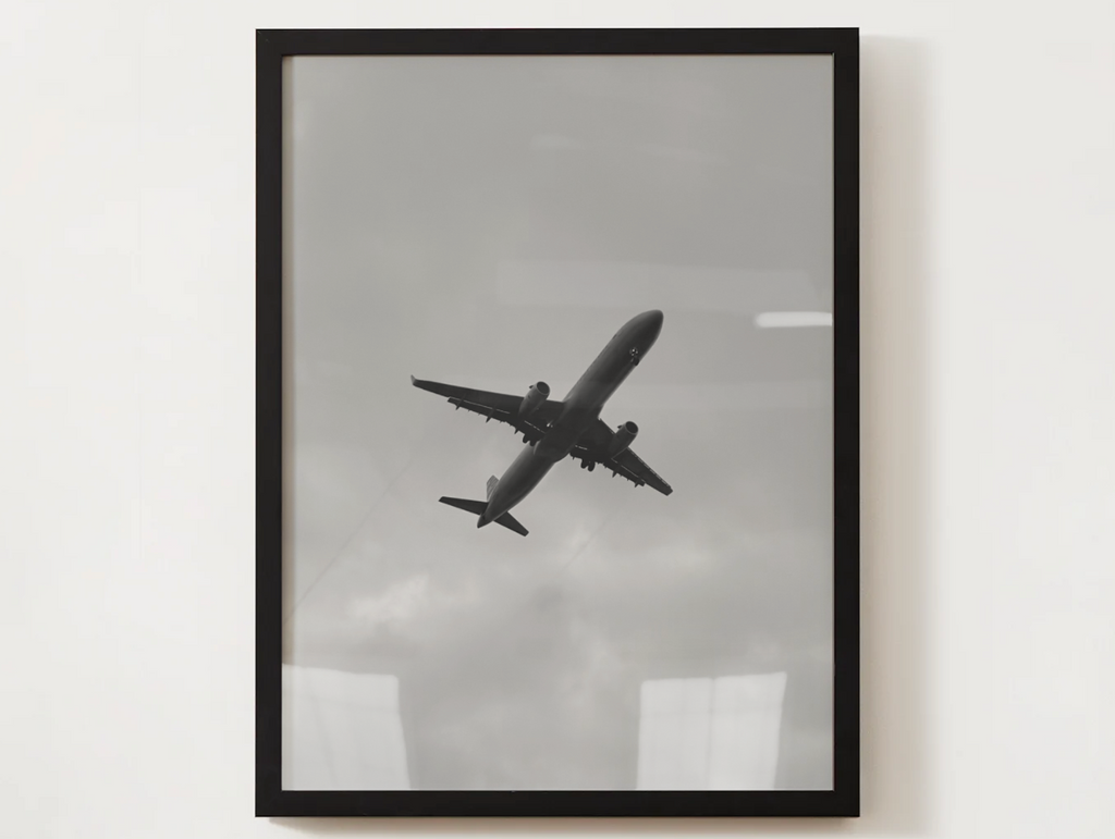 Airplane Silhouette Satin Poster — Black & White Aviation Wall Art