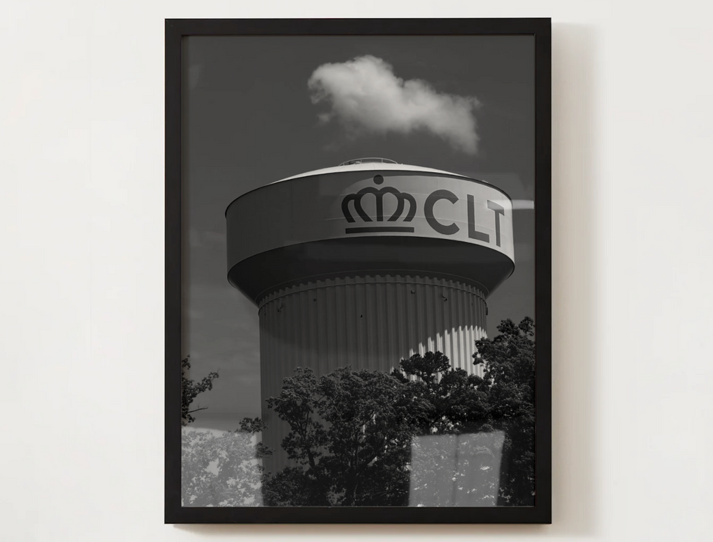 CLT Water Tower Satin Poster — Black & White Cityscape Wall Art