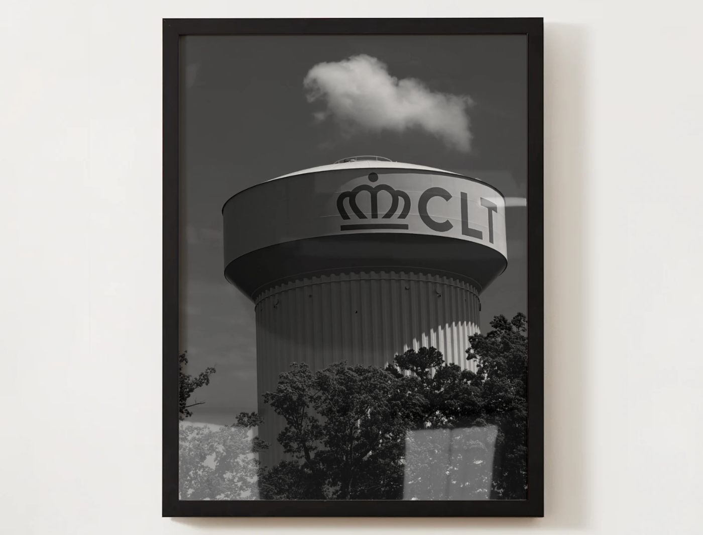 CLT Water Tower Satin Poster — Black & White Cityscape Wall Art