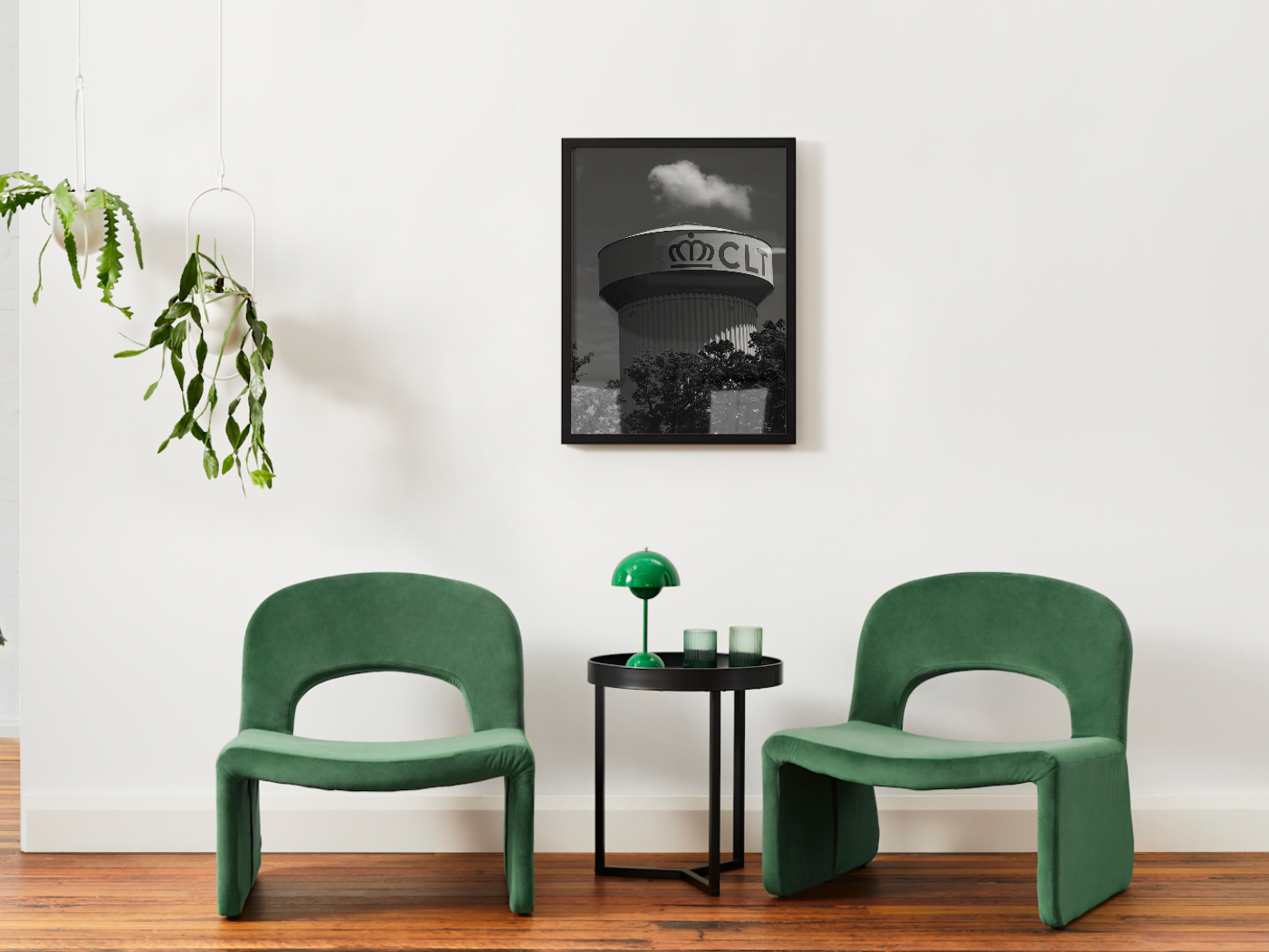 CLT Water Tower Satin Poster — Black & White Cityscape Wall Art