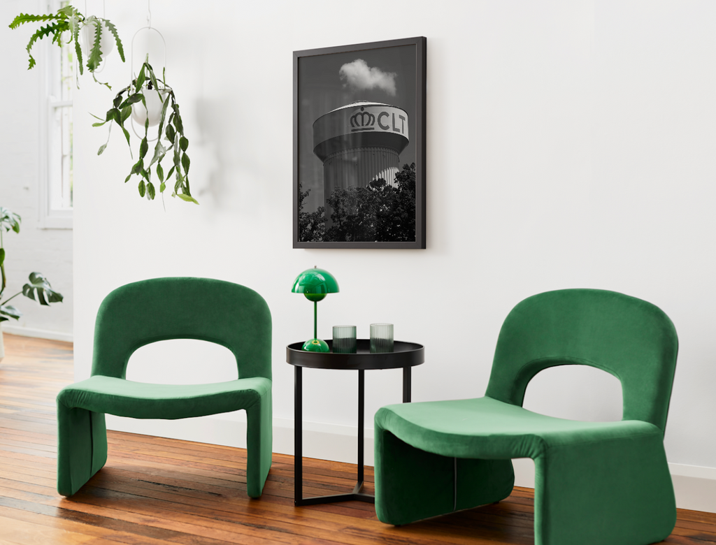 CLT Water Tower Satin Poster — Black & White Cityscape Wall Art