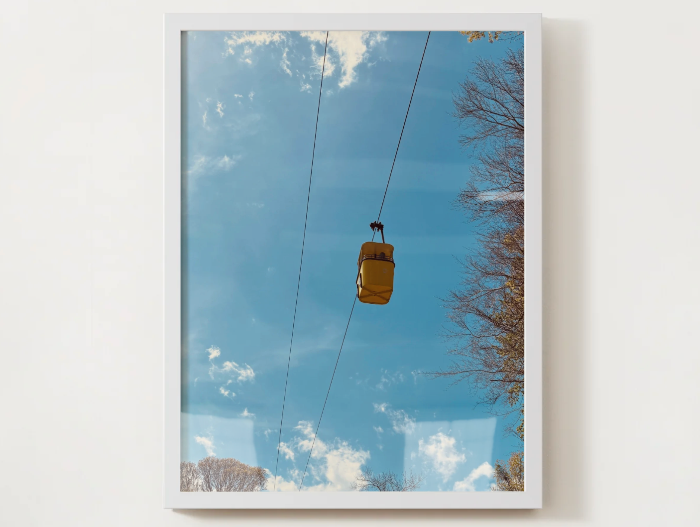 Cable Car Sky Poster — Yellow Gondola Against Blue Sky (Satin Poster)